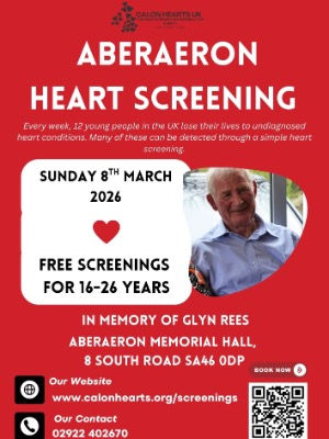 8th March - Aberaeron Memorial Hall - FREE for 16-26 years old only IN MEMORY OF GLYN REES